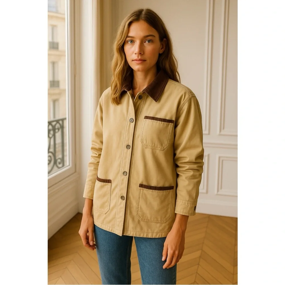 Vintage Women's Barn Utility Jacket Cream with Brown Corduroy Collar size Medium - Picture 2 of 9